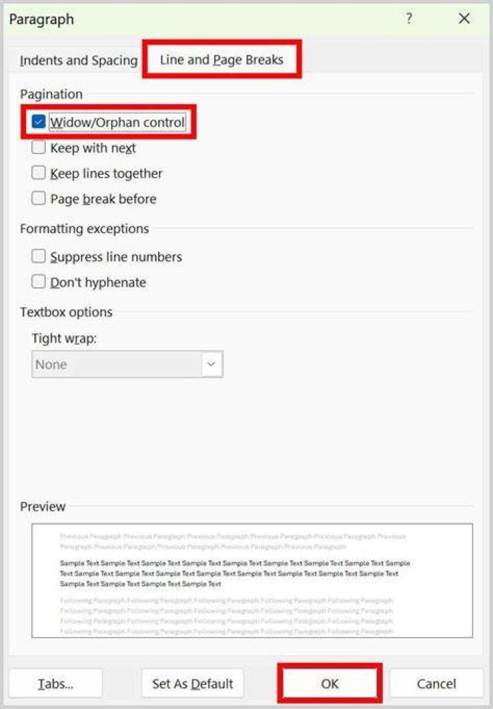 What are Microsoft's definitions for `keep with next`, `keep lines together,` and `widow/orphan control?`