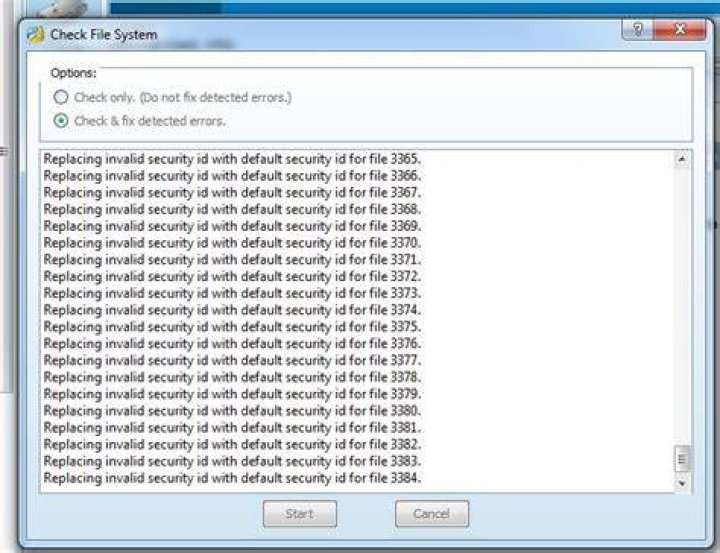 What causes disk check with results of "invalid security id"?