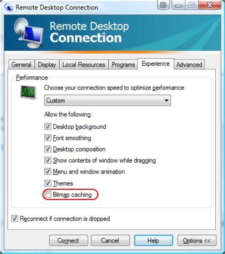 What does the "Bitmap Caching" option do in the Remote Desktop Client?