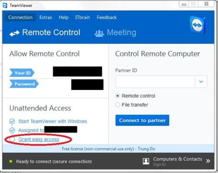 What does the "Grant easy access" feature in TeamViewer do?