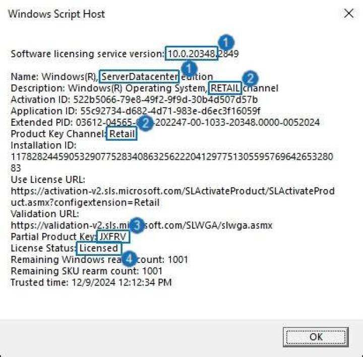 Windows 10 on an assembled PC: how can "slmgr -dlv" show a Partial Product Key different than the one I've entered?
