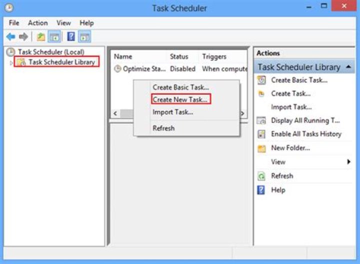 Windows 8, Task Scheduler. Right-click "Task Scheduler (Local)" and select Create Basic Task.
