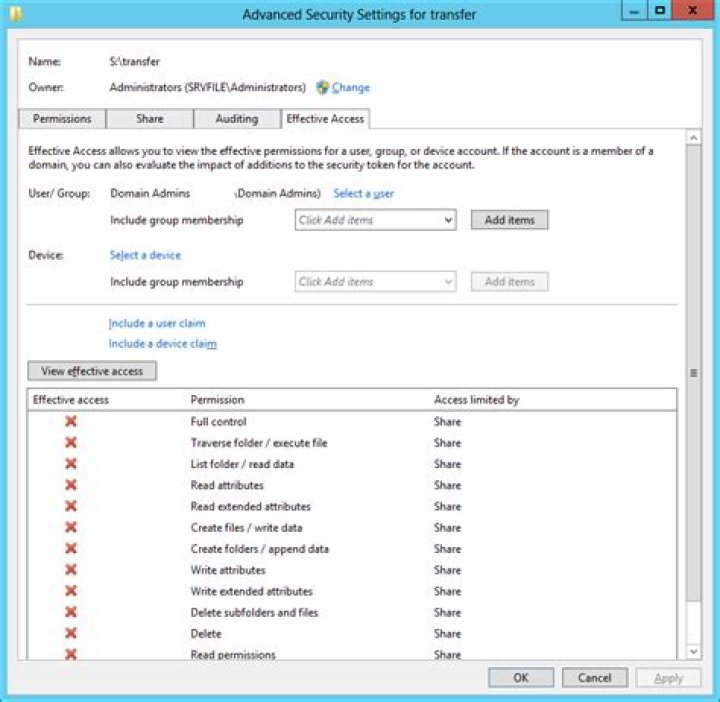 Windows file permission access limited by "Share"